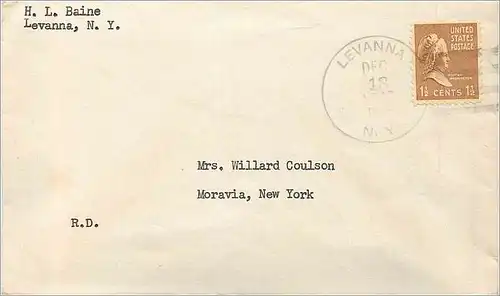 Lettre Cover Etats-Unis 1 1/2c Levanna 1940 for Moravia NY