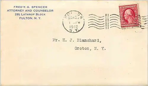 Lettre Cover Etats-Unis 2c Fulton NY for Groton 1912