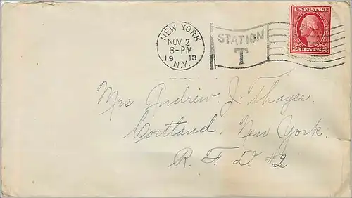 Lettre Cover Etats-Unis 2c New York 1913 for Cortland