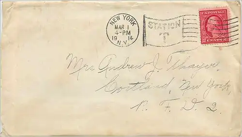 Lettre Cover Etats-Unis 2c New York 1913 for Cortland