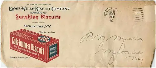 Lettre Cover Etats-Unis Syracuse Tak Hom a Biscuit Sunshine Biscuits 1925