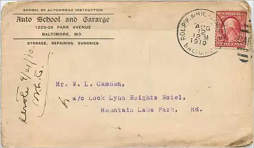 Lettre Cover Etats-Unis Auto Shool 1910