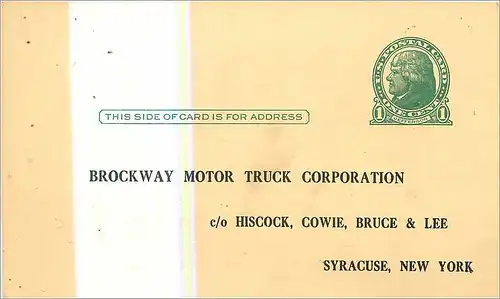 Stationay Etats-Unis  1c Brockway Motor Truc co Syracuse NY