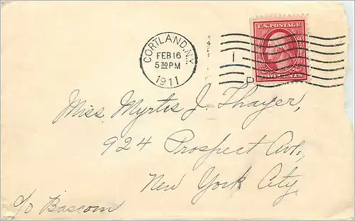 Lettre Cover Etats-Unis 2c Cortland cover to New York 1911