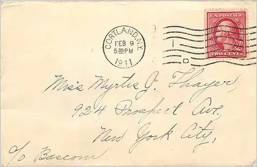 Lettre Cover Etats-Unis 2c Cortland cover to New York 1911