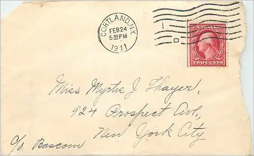 Lettre Cover Etats-Unis 2c Cortland cover to New York 1911