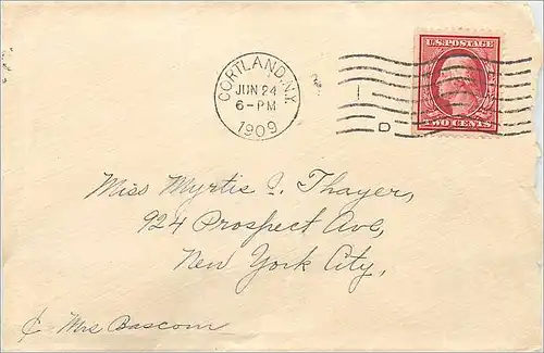 Lettre Cover Etats-Unis 2c Cortland cover to New York 1909