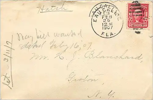 Lettre Cover Etats-Unis 2c on Eaucalme 1907 cover