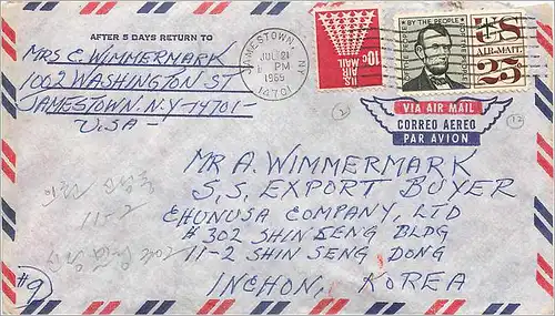 Lettre Cover Etats-Unis 25c 1969 Jamestown to Korea