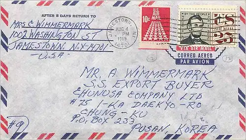 Lettre Cover Etats-Unis 25c 1969 Jamestown to Korea