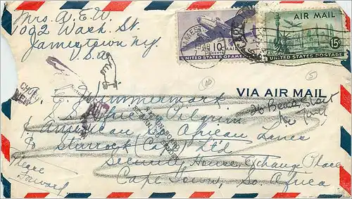 Lettre Cover Etats-Unis Jamestown to South AFrica 1948