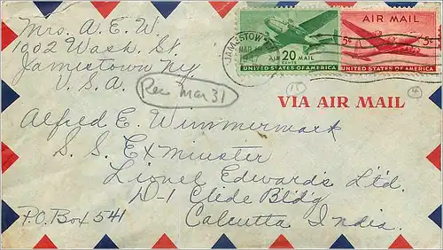 Lettre Cover Etats-Unis Jamestown to India 1947