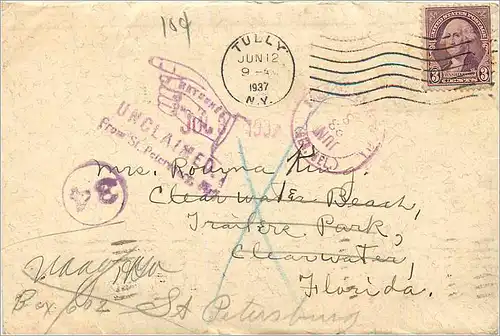 Lettre Cover Etats-Unis 3c Tully cover Unclaimed St Petersburg