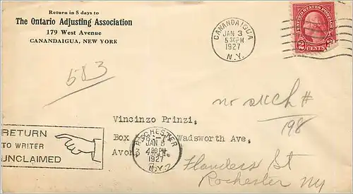 Lettre Cover Etats-Unis 2c Canandaigua Ontario Adjusting Association 1927 cover