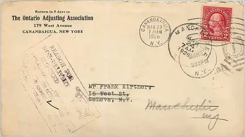 Lettre Cover Etats-Unis 2c Canandaigua Ontario Adjusting Association 1925 cover