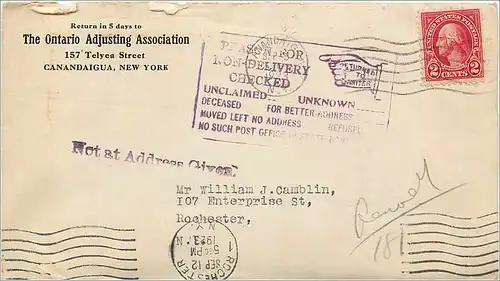 Lettre Cover Etats-Unis 2c Canandaigua Ontario Adjusting Association 1926 cover