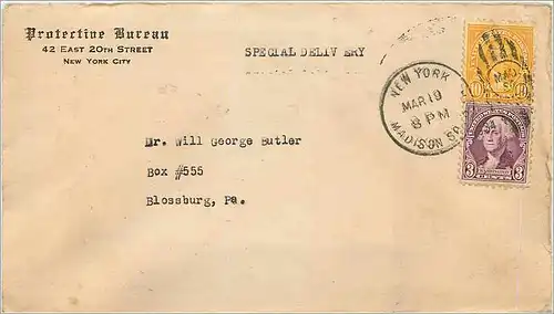Lettre Cover Etats-Unis 10c + 3c Special delivery New York to Blossburg 1919