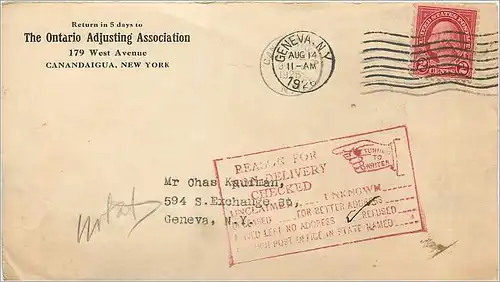 Lettre Cover Etats-Unis 2c Geneva Ontario Adjusting Return to sender 1928 cover
