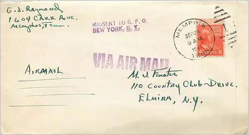 Lettre Cover Etats-Unis 3c Memphis Missent 1942 cover