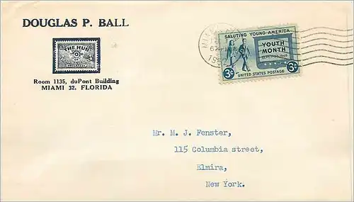 Lettre Cover Etats-Unis 3c Young America Douglas Ball Miami to New York 1952