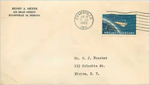 Lettre Cover Etats-Unis 4c Project Mercury 1962 Evansville cover