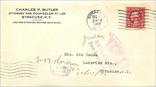 Lettre Cover Etats-Unis 2c Syracuse Return to sender 1925