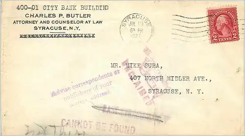 Lettre Cover Etats-Unis 2c Syracuse Return to sender 1927