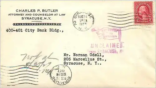 Lettre Cover Etats-Unis 2c Syracuse Return to sender 1927