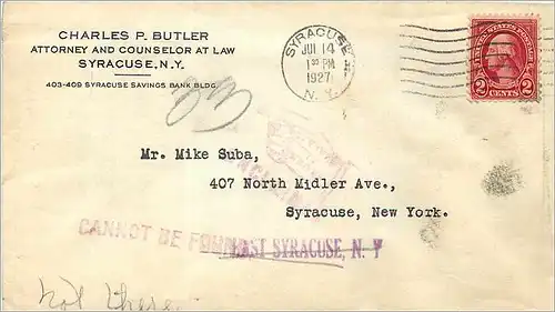Lettre Cover Etats-Unis 2c Syracuse Return to sender 1927