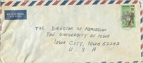 Lettre Cover for Ithaca Nigeria Apartheid