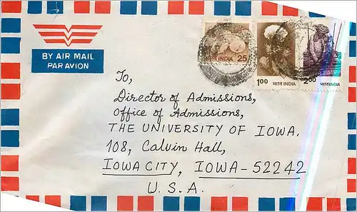 Lettre Cover for University of Iowa  Inde India