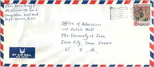 Lettre Cover for University of Iowa  Chine