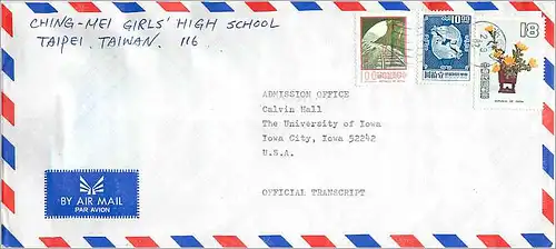 Lettre Cover China Chine Taiwan  Taipei University  Iowa City