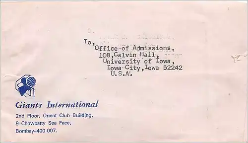 Lettre Cover Inde India University Iowa City Bombay