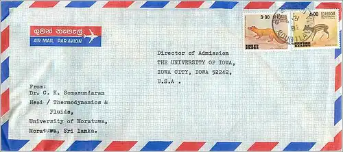 Lettre Cover Sri Lanka Renard Antilope University Iowa City