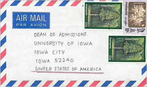 Lettre Cover Malaisie  University Iowa City