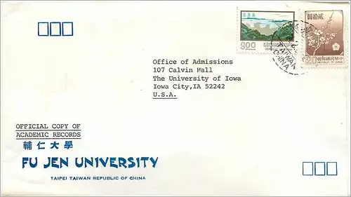 Lettre Cover Chine China University Iowa Fu Jen