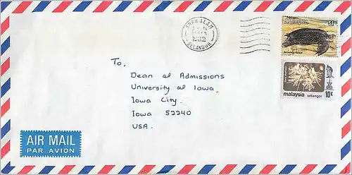 Lettre Cover Malaisie University Iowa Tortue Turtle