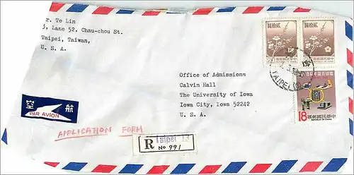 Lettre Cover Chine China University Iowa Taipei