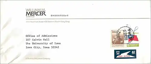 Lettre Cover Chine China University Iowa William Mercer Hong Kong