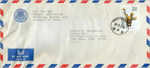 Lettre Cover Chine China University Iowa Taichung