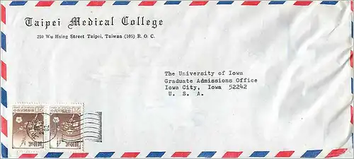 Lettre Cover Chine China University Iowa Taipei