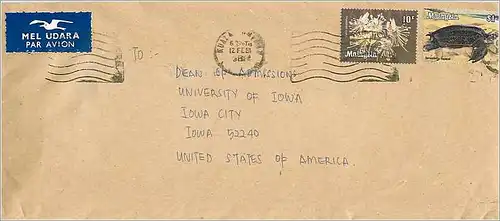 Lettre Cover Malaisie University Iowa Tortue Turtle