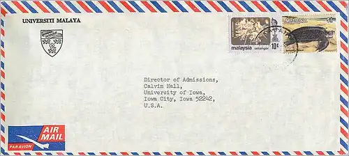 Lettre Cover for University of Iowa Malaysia Turtle