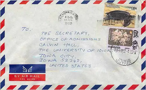 Lettre Cover for University of Iowa Malaysia Turtle