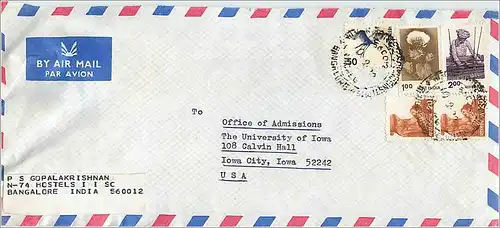 Lettre Cover for University of Iowa Inde India