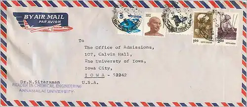 Lettre Cover for University of Iowa Inde India Gandhi