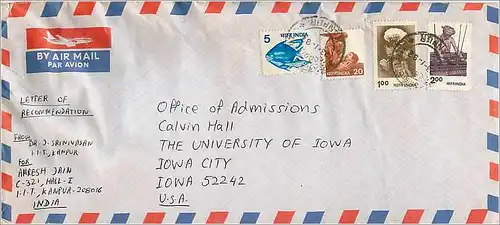 Lettre Cover for University of Iowa Inde India