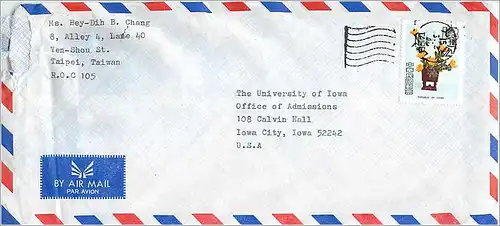 Lettre Cover Chine China University Iowa Taipei