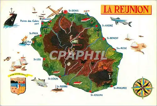 Moderne Karte La Reunion Requin Avion Bateau Poisson